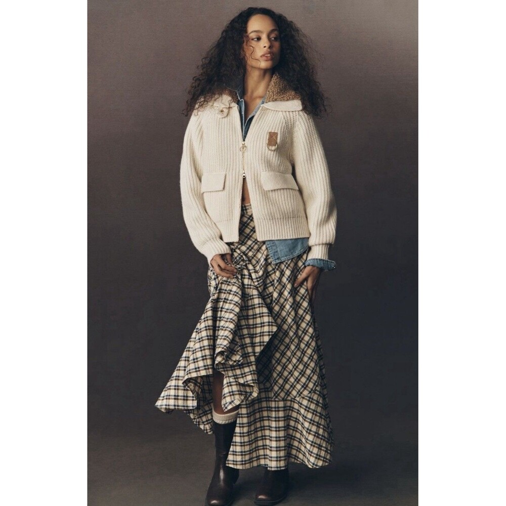 Anthropologie Seamed Plaid Wrap Preppy Maxi Skirt Size XXS Folk Plaid Tan NWT
